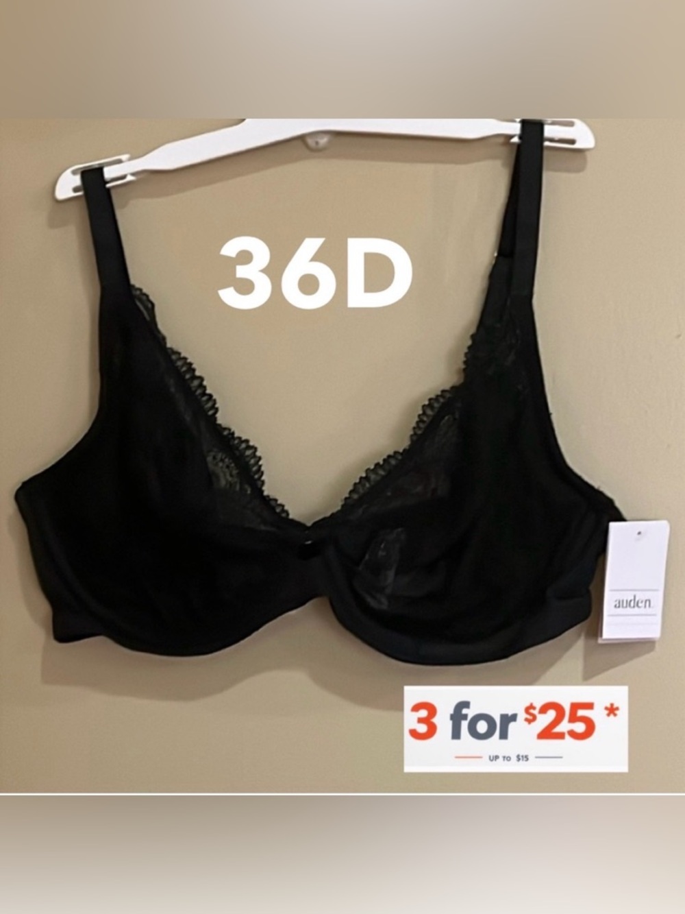 Balconette 36D black lace underwire unlined  bra by Auden